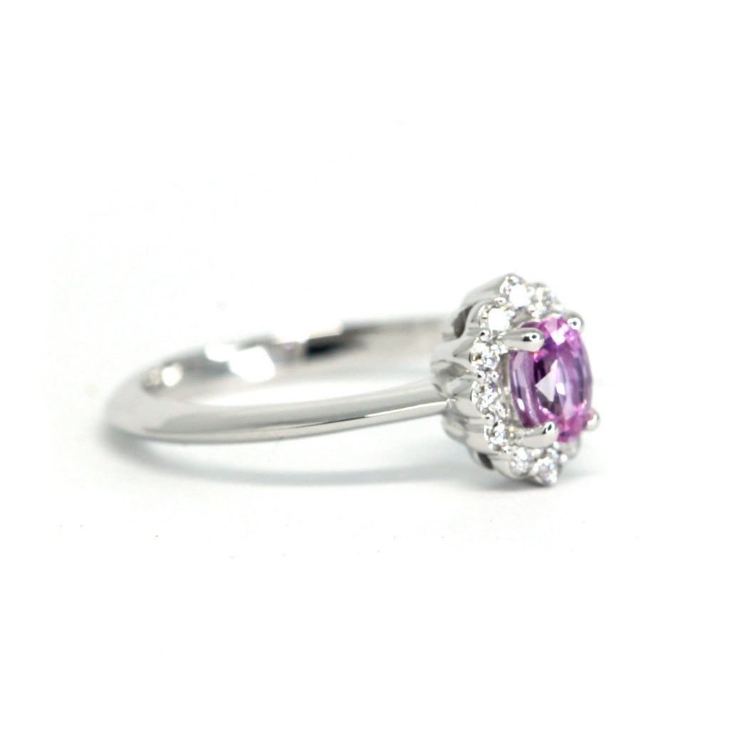 Side view of pink sapphire engagement ring handmade by Ruby Mardi in Montreal. A delicate bridal jewelry piece with a romantic vibe. 