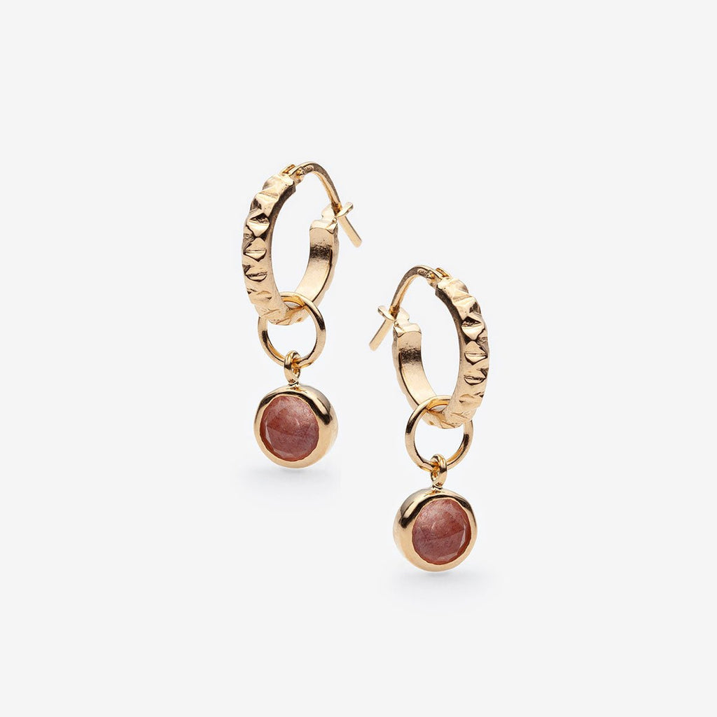 strawberry quartz gemstone vermeil gold earrings made by the designer veronique roy in montreal on a white background