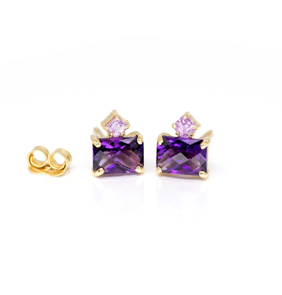 Custom made colour gemstone stud earrings with amethyst and pink sapphire. More gemstone jewelry available at Montreal jewelry store Ruby Mardi.