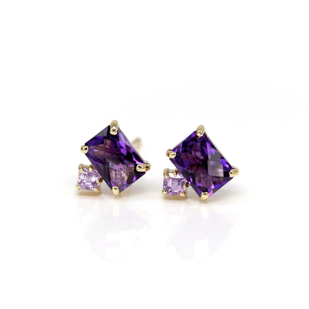 Amethyst and pink sapphire gemstone stud earrings handmade in Montreal by Ruby Mardi, a high end jewelry store in Little Italy.