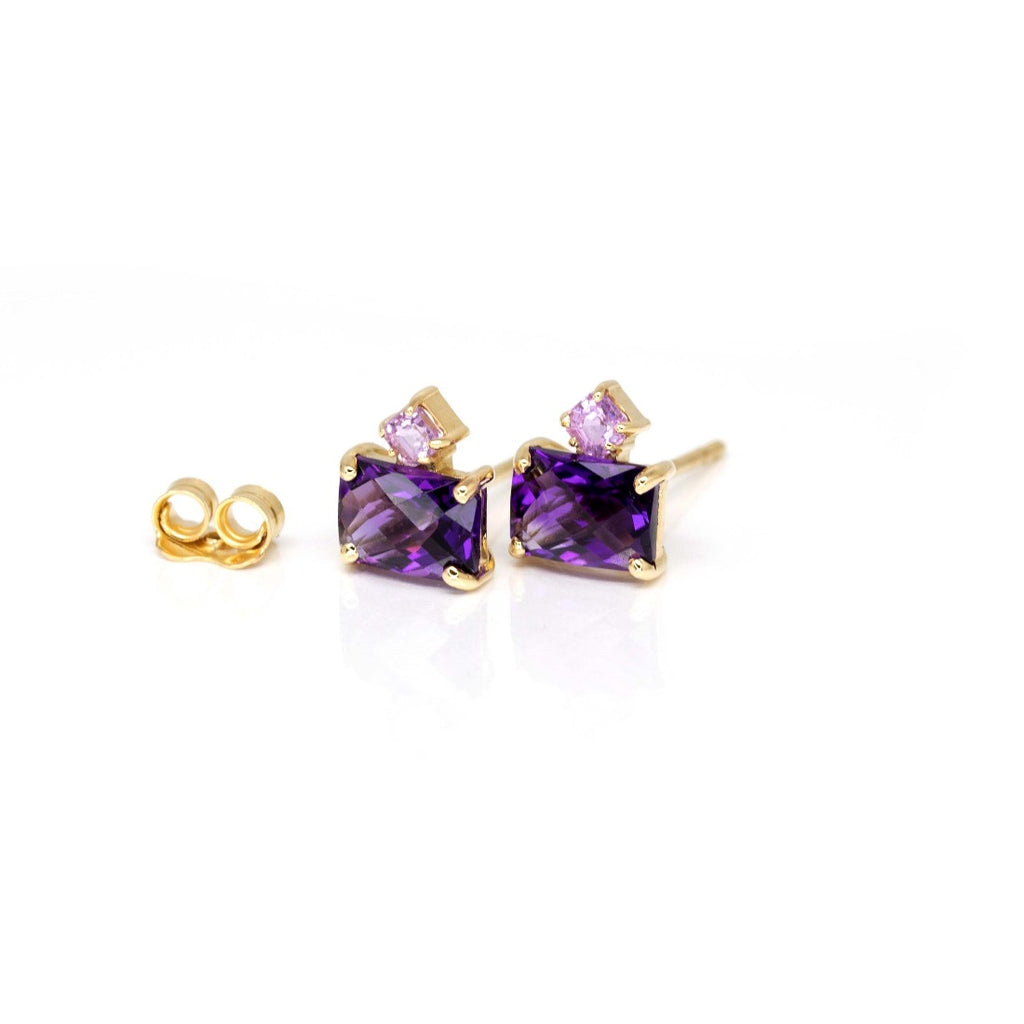 Yellow gold amethyst and pink sapphire gemstone stud earrings handmade in Montreal by jewelry brand Ruby Mardi.