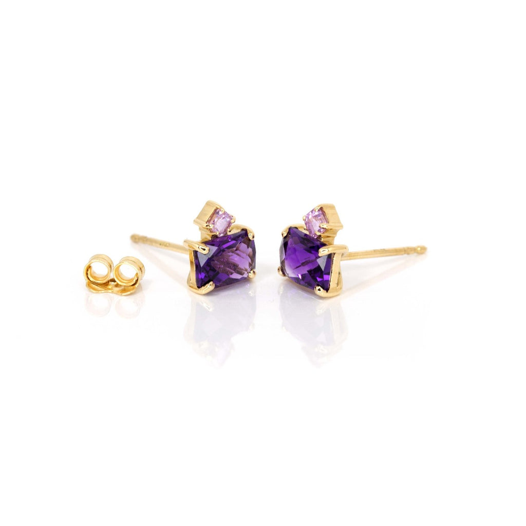 Pair of dainty yellow gold purple gemstone earrings (amethyst and pink sapphire), handmade in Montreal by high end jewelry store Ruby Mardi. 