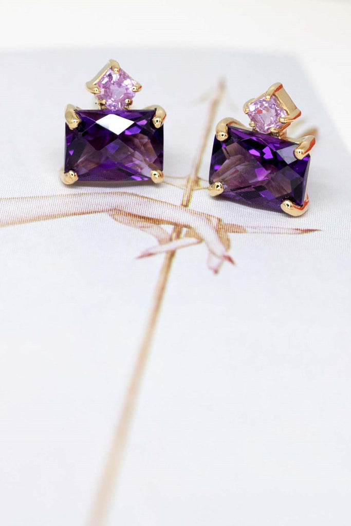 Custom made fancy gemstone stud earrings, a beautiful bridal piece of jewelry handmade in Montreal by Ruby Mardi brand.