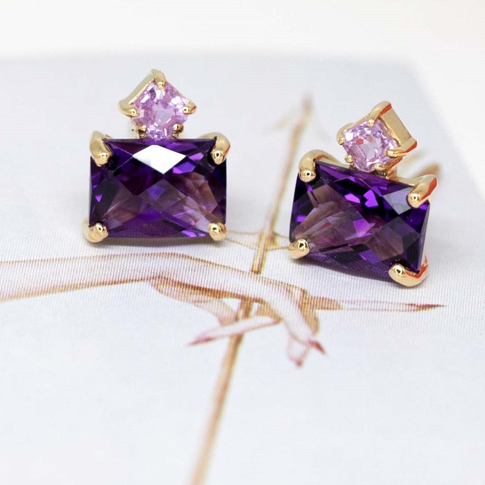 Amethyst and pink sapphire gemstone stud earrings handmade by independant Canadian jewelry brand and high end store Ruby Mardi. 