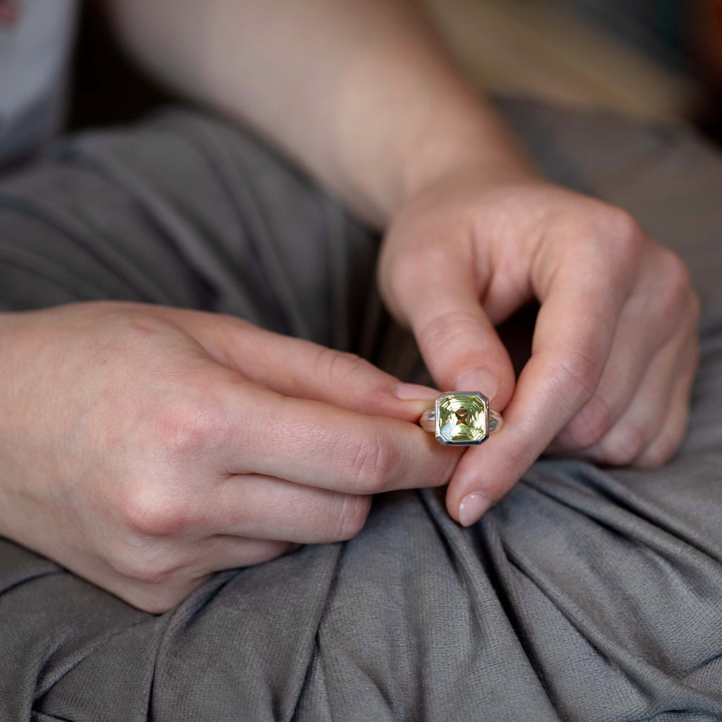 bezel setting lemon quartz statement ring made by bena jewelry in montreal for ruby mardi jeweler