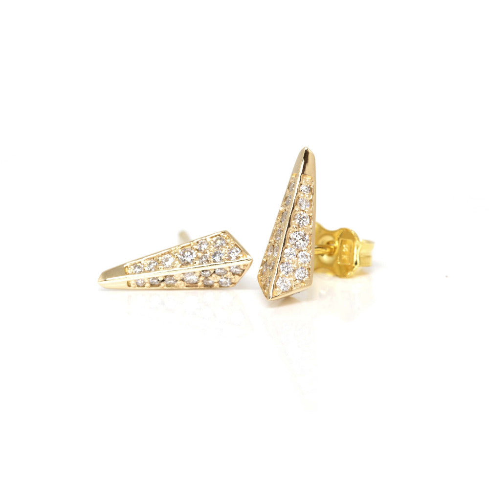 Yellow gold diamond spike earrings by Bena Jewelry. Edgy designer stud earrings with pavé diamonds, crafted in Montreal. Modern and bold fine jewelry.